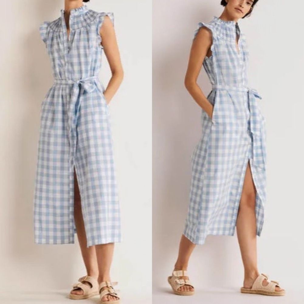 Boden Jane Smocked Midi Shirt Dress in Dusty Blue Gingham Size 14 NWT